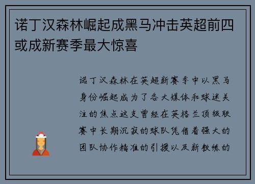 诺丁汉森林崛起成黑马冲击英超前四或成新赛季最大惊喜 诺丁汉森林崛起成黑马冲击英超前四或成新赛季最大惊喜